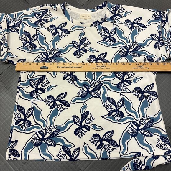 MELLODAY WOMENS BLUE FLORAL BLOUSE SHORT SLEEVE SIZE LARGE - Picture 5 of 6
